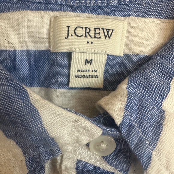 J Crew Linen Shirt M Blue White Stripe Long Sleeve Oxford Collar Preppy Beach - Picture 5 of 8